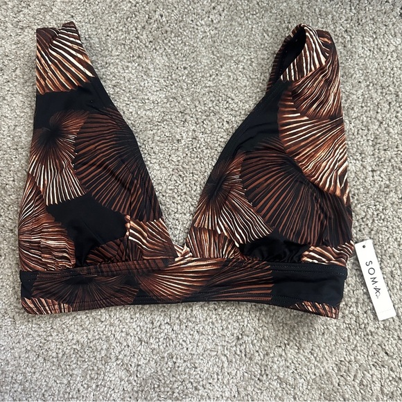 SOMA SWIM Plunge Bikini Top in Lovina Beach Palm M Black Brown Sz. Small NWT - Picture 6 of 11